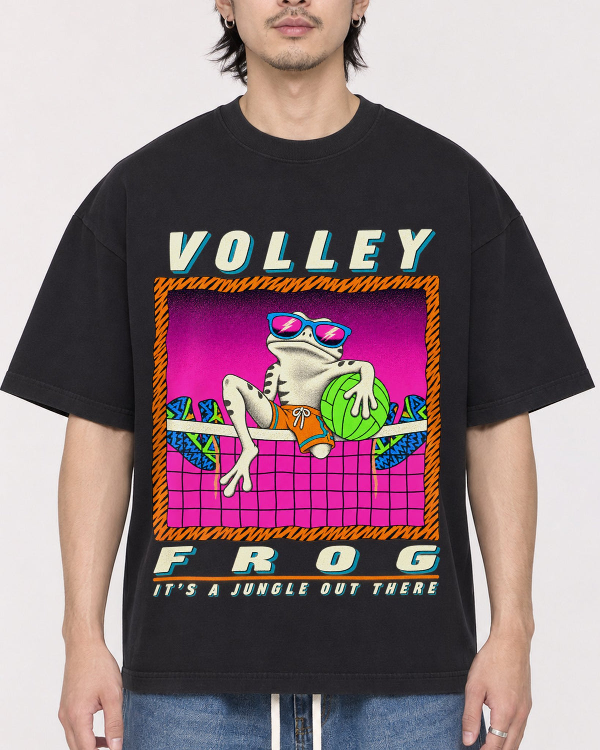 Mockup Boxy Heavyweight Tee Black male close-up 23