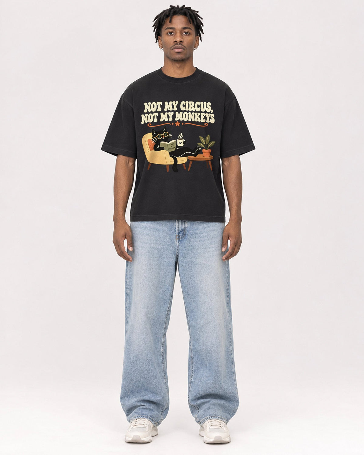 Mockup Boxy Heavyweight Tee Black male full-body 05