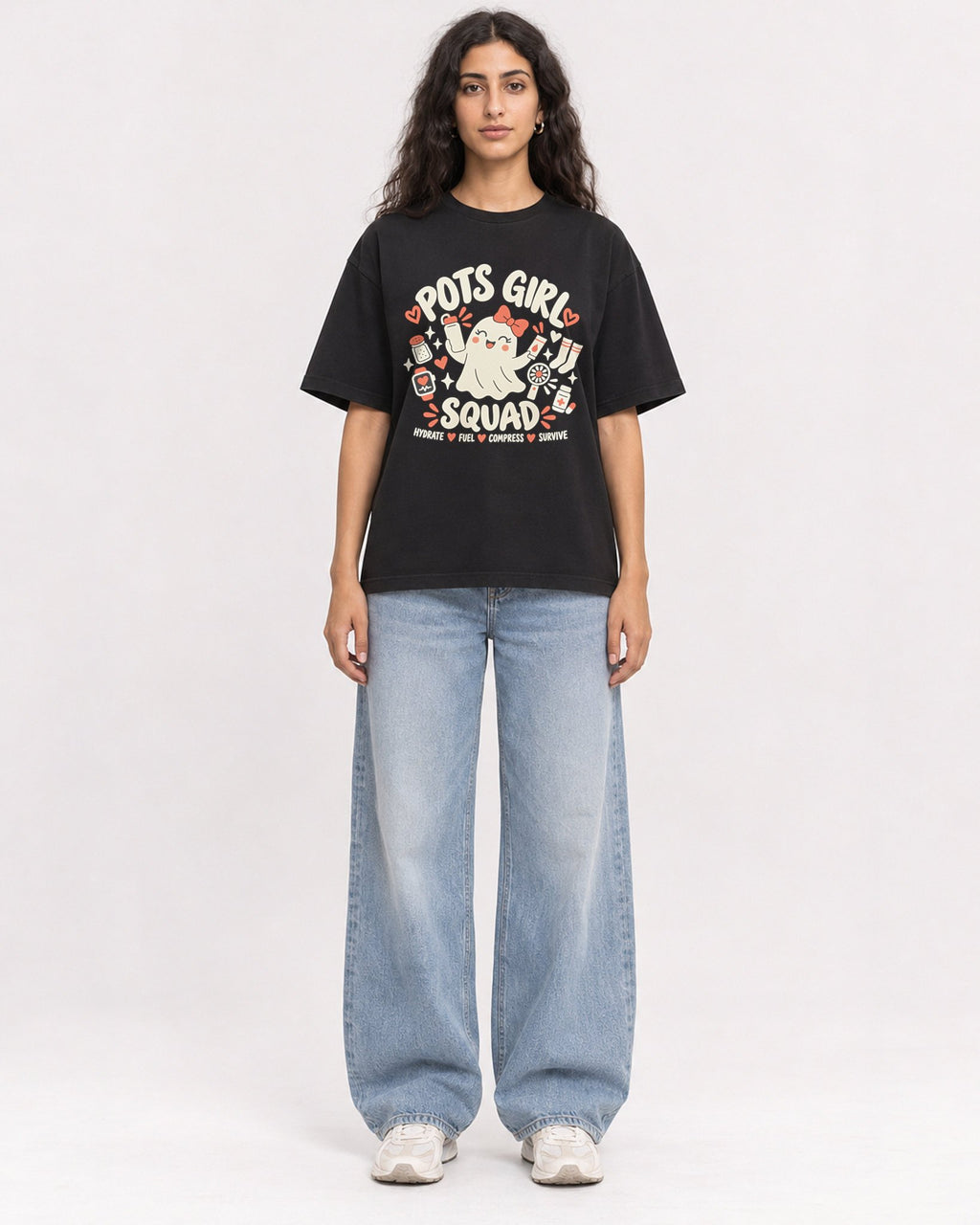 Mockup Boxy Heavyweight Tee Black female full-body 07