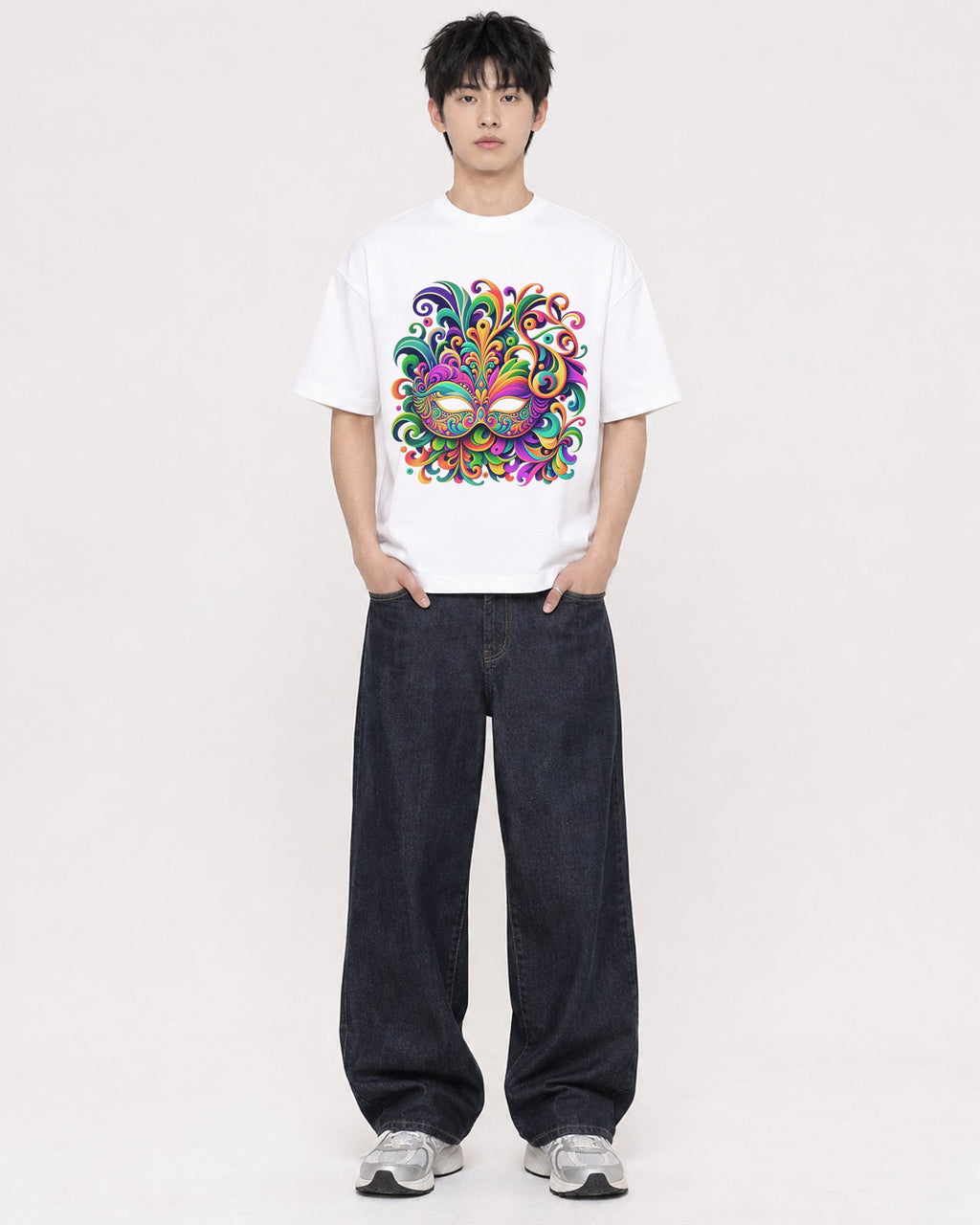 Mockup Boxy Heavyweight Tee White male full-body 01