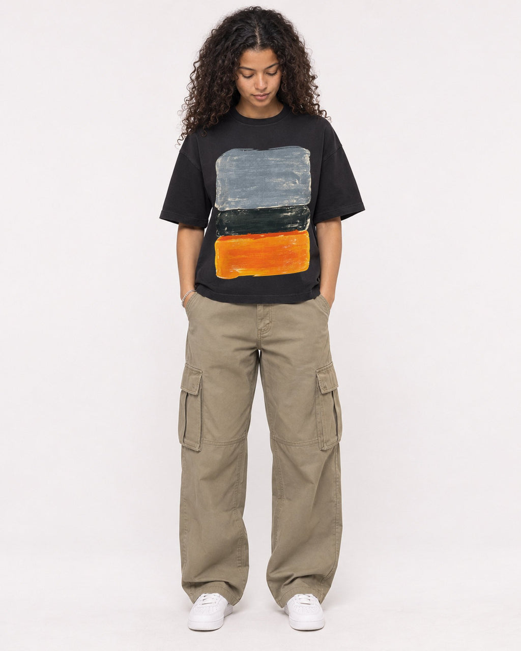 Mockup Boxy Heavyweight Tee Black female full-body 10