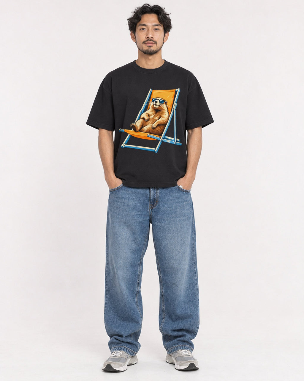 Mockup Boxy Heavyweight Tee Black male full-body 02