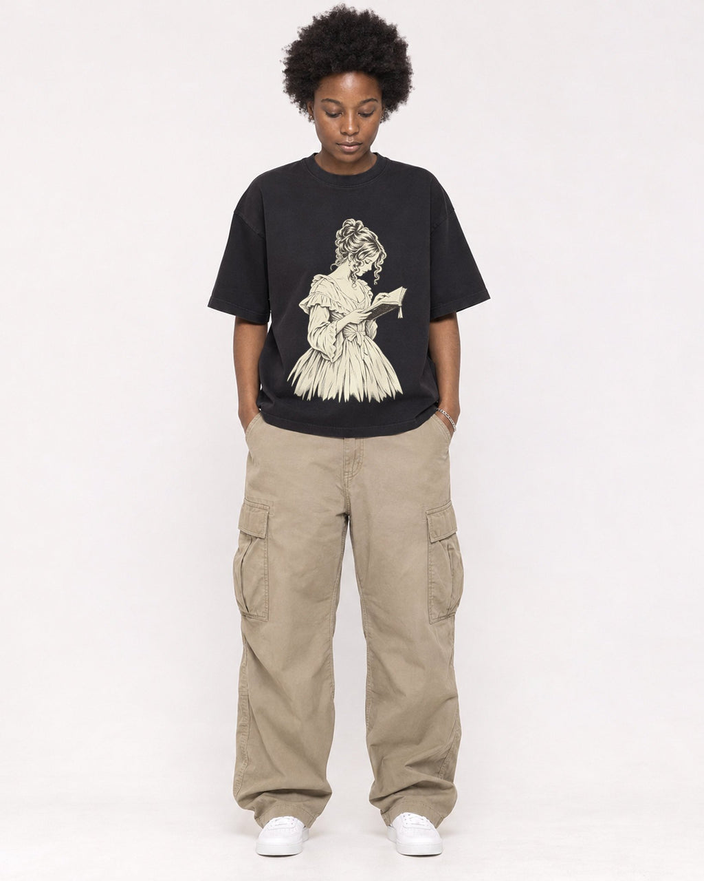 Mockup Boxy Heavyweight Tee Black female full-body 14