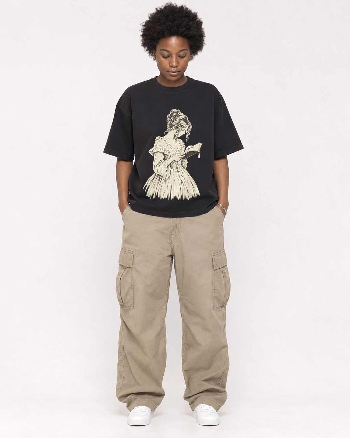 Mockup Boxy Heavyweight Tee Black female full-body 14