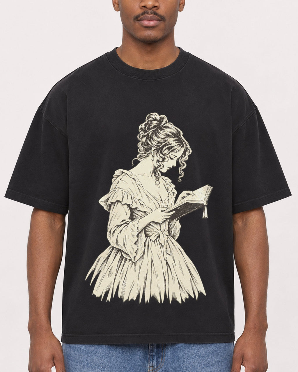 Mockup Boxy Heavyweight Tee Black male close-up 14