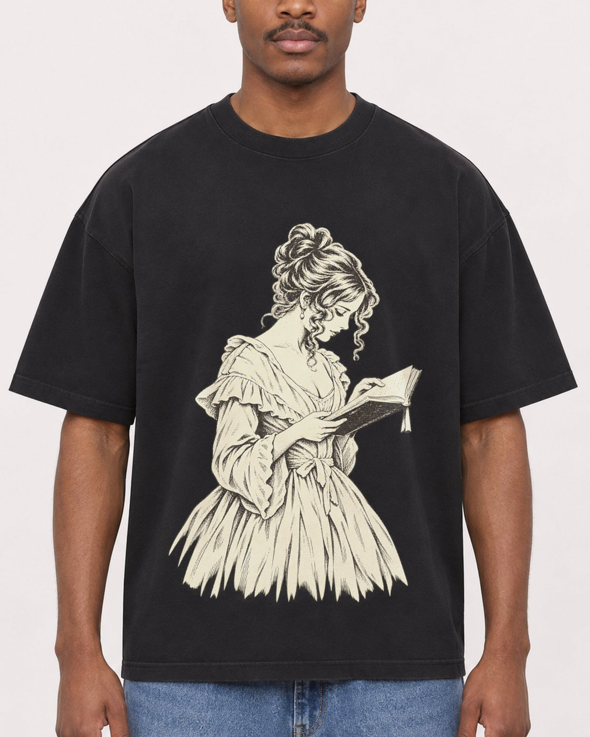 Mockup Boxy Heavyweight Tee Black male close-up 14