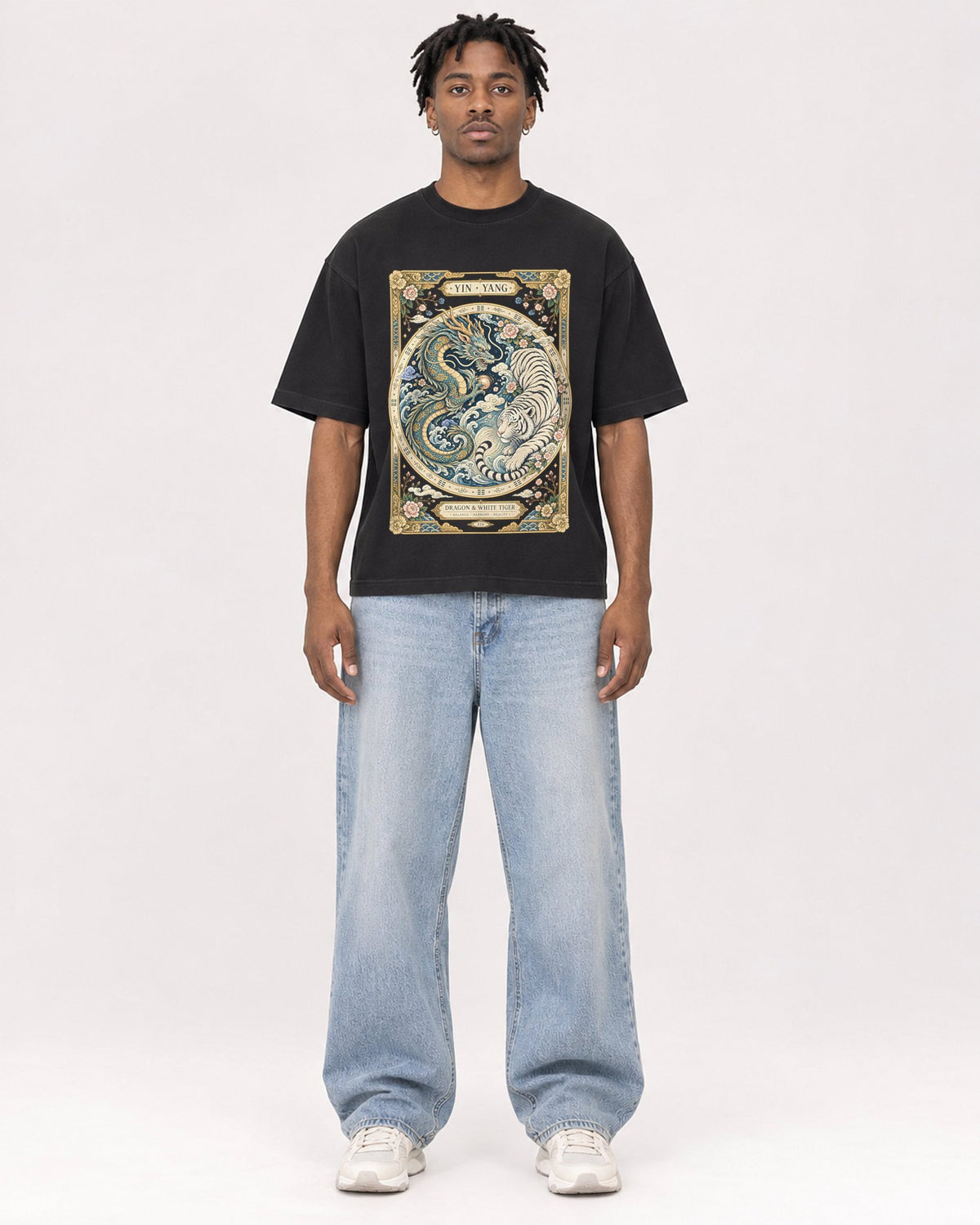 Mockup Boxy Heavyweight Tee Black male full-body 05