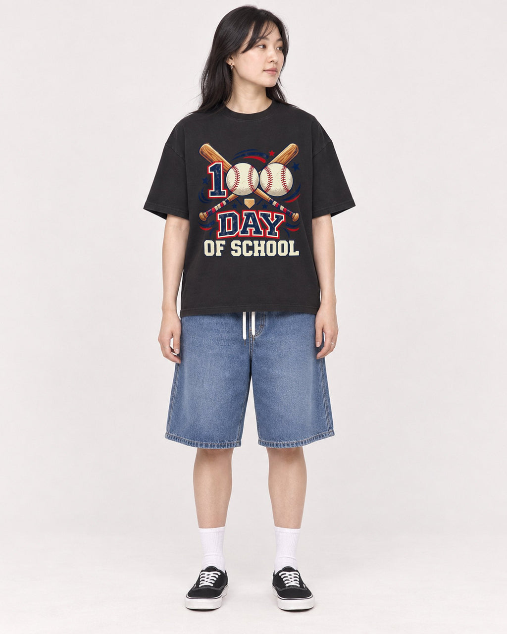 Mockup Boxy Heavyweight Tee Black female full-body 13