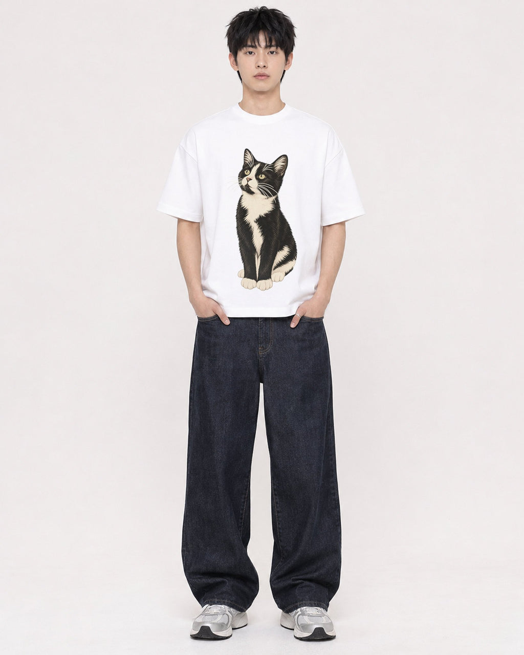 Mockup Boxy Heavyweight Tee White male full-body 01