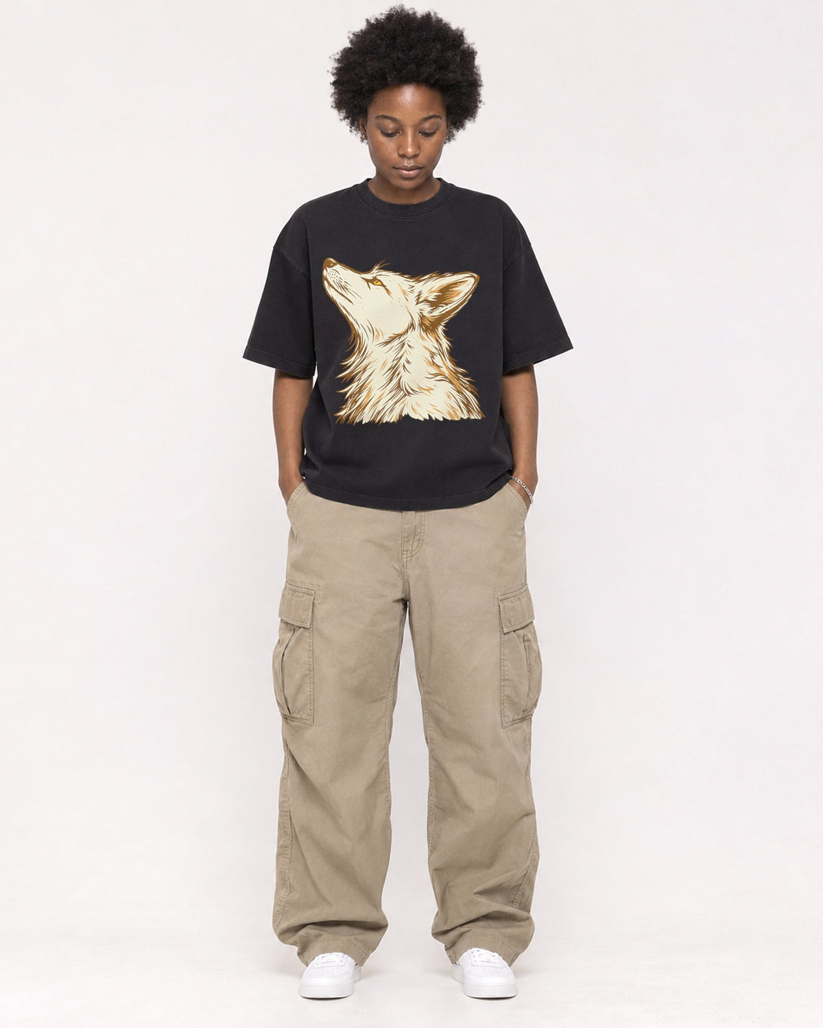 Mockup Boxy Heavyweight Tee Black female full-body 14
