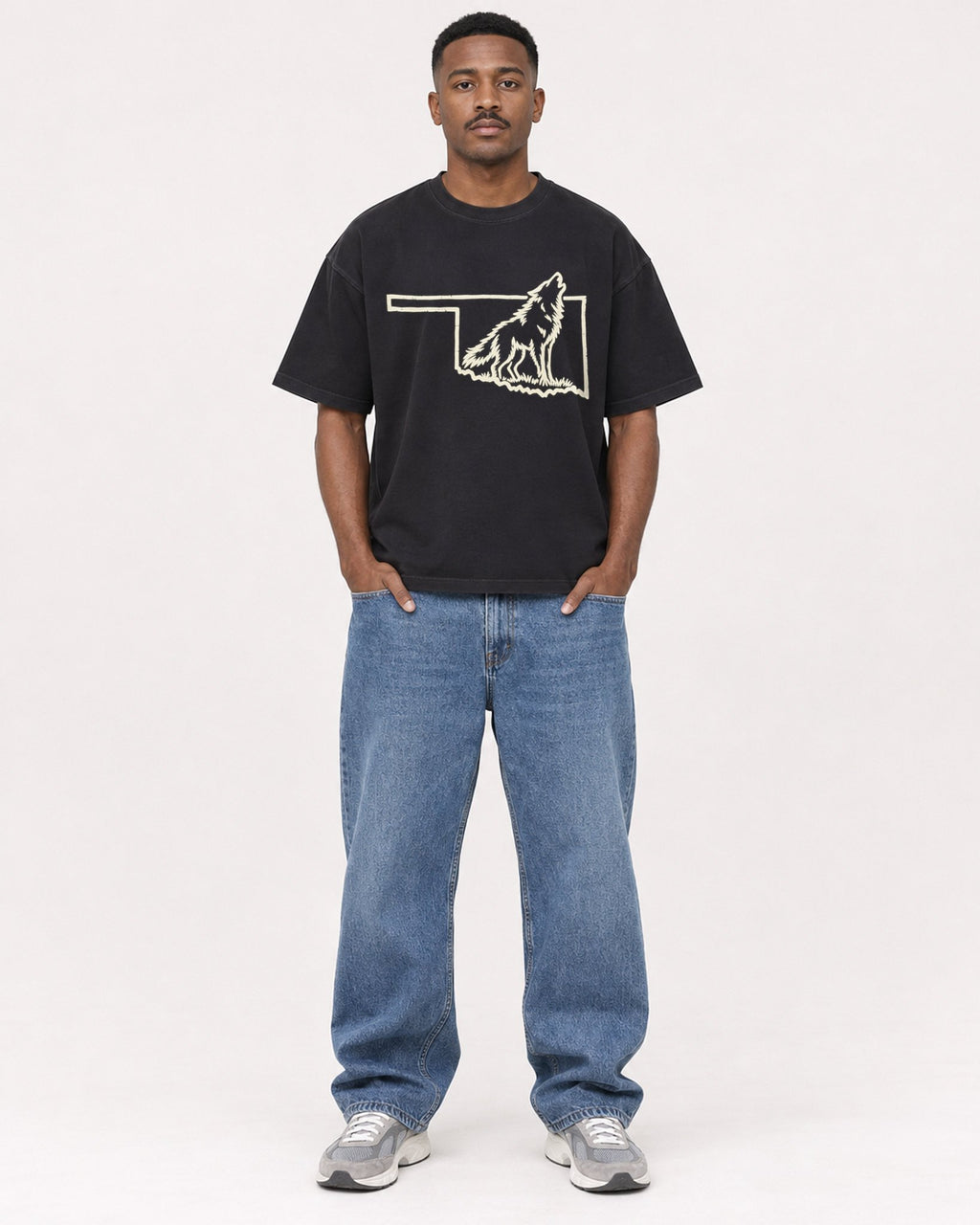 Mockup Boxy Heavyweight Tee Black male full-body 14