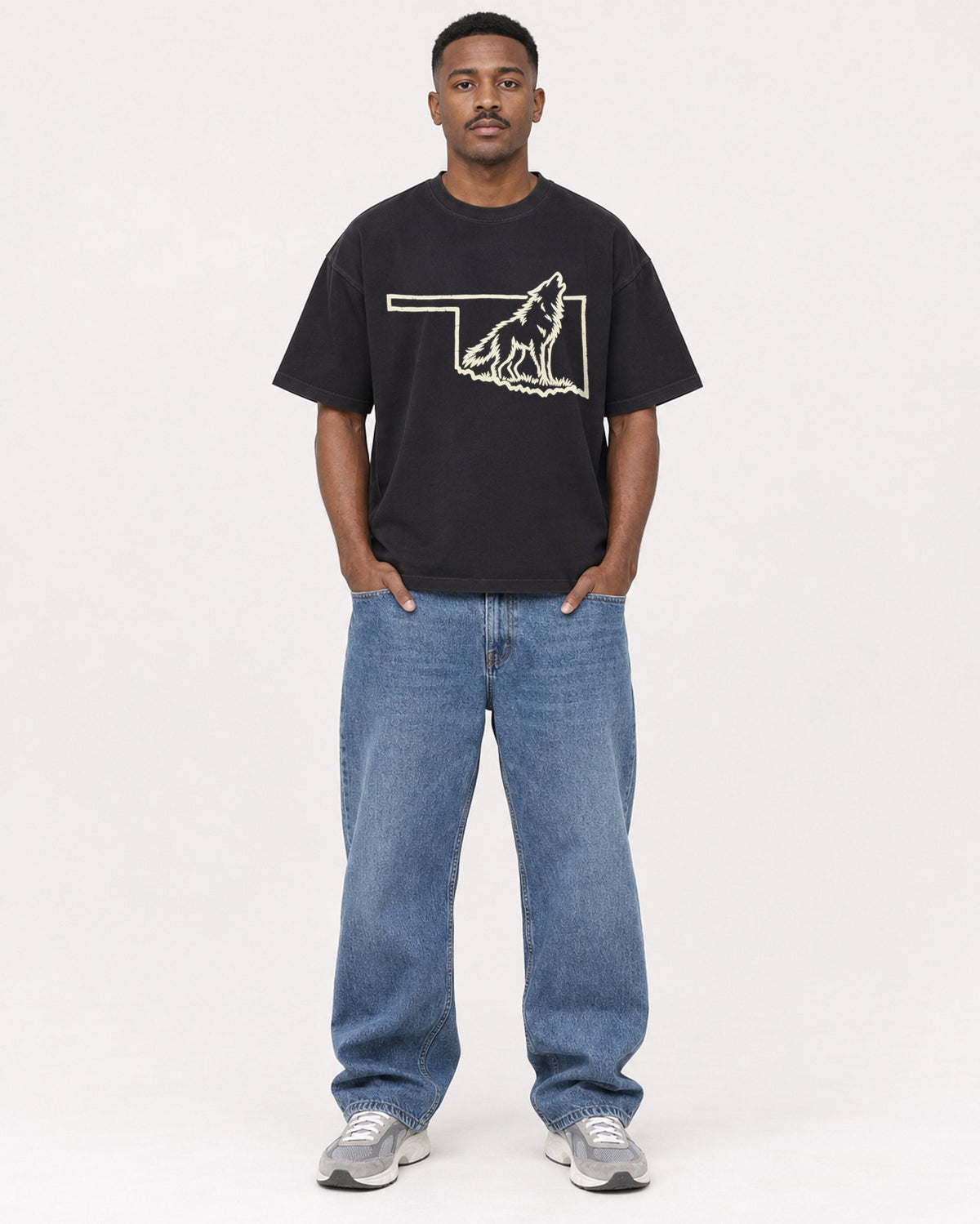 Mockup Boxy Heavyweight Tee Black male full-body 14