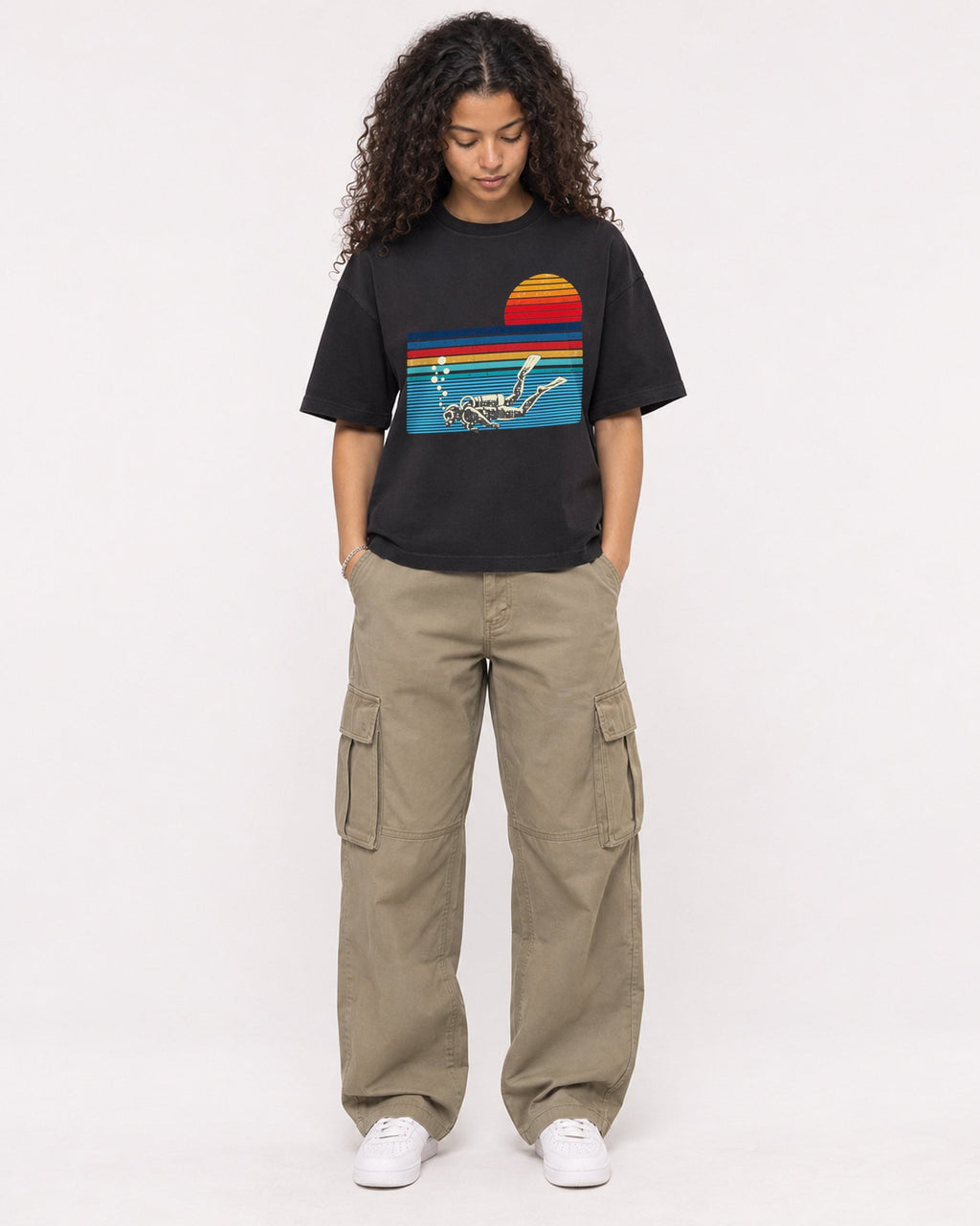 Mockup Boxy Heavyweight Tee Black female full-body 10