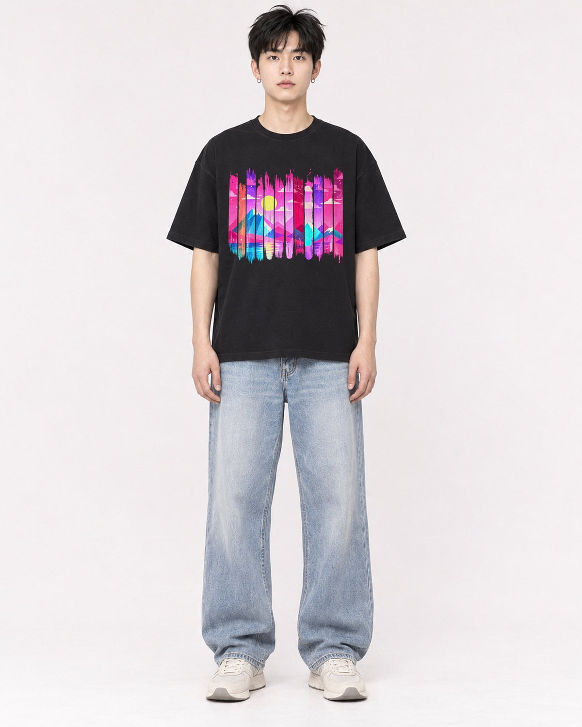 Mockup Boxy Heavyweight Tee Black male full-body 01