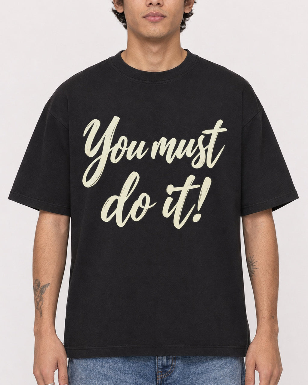 Mockup Boxy Heavyweight Tee Black male close-up 06