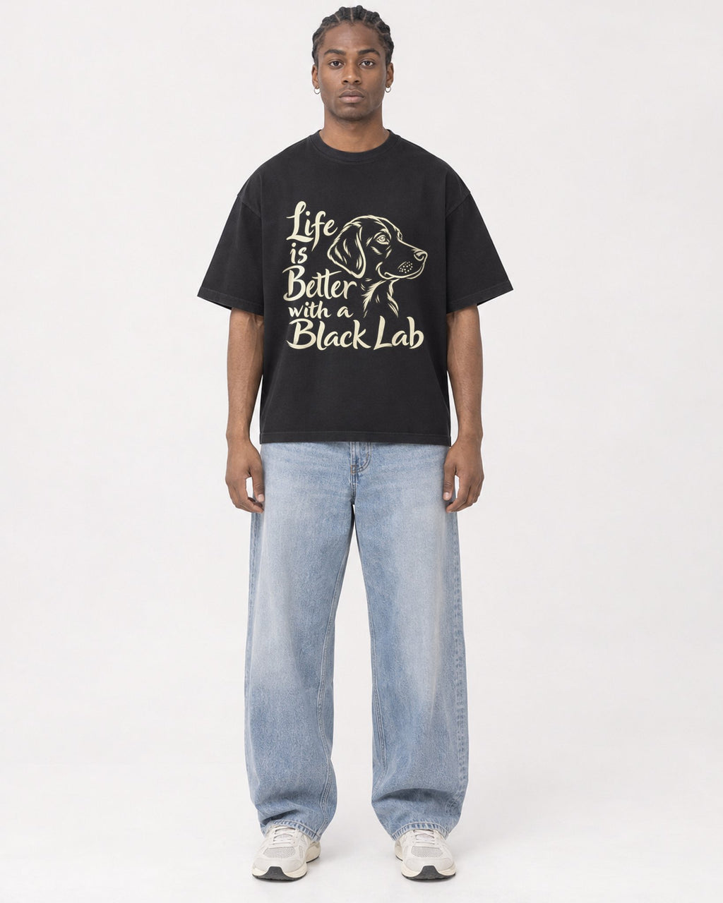 Mockup Boxy Heavyweight Tee Black male full-body 25