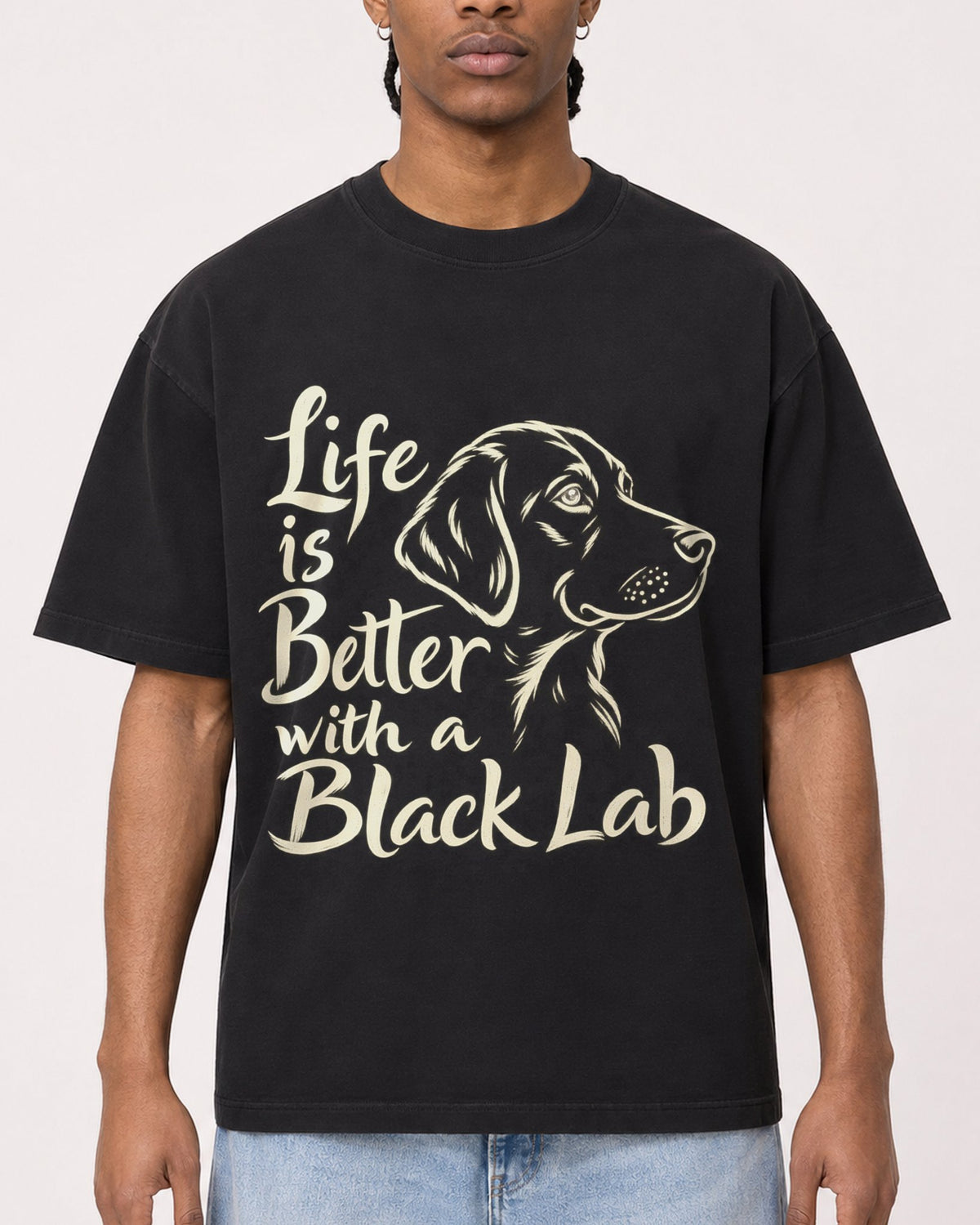 Mockup Boxy Heavyweight Tee Black male close-up 25