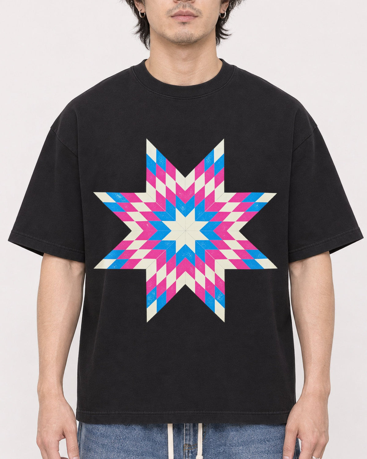 Mockup Boxy Heavyweight Tee Black male close-up 03
