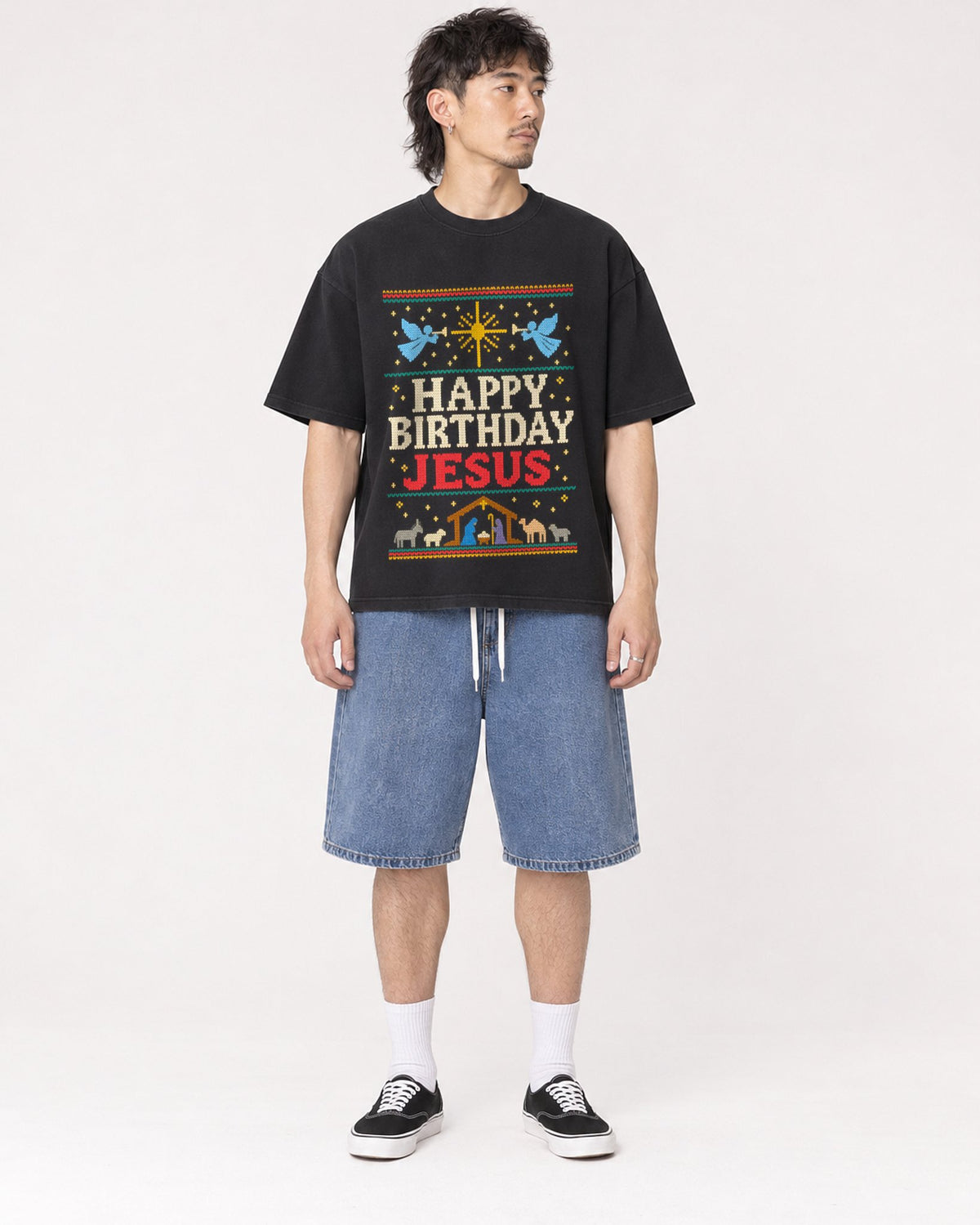 Mockup Boxy Heavyweight Tee Black male full-body 23