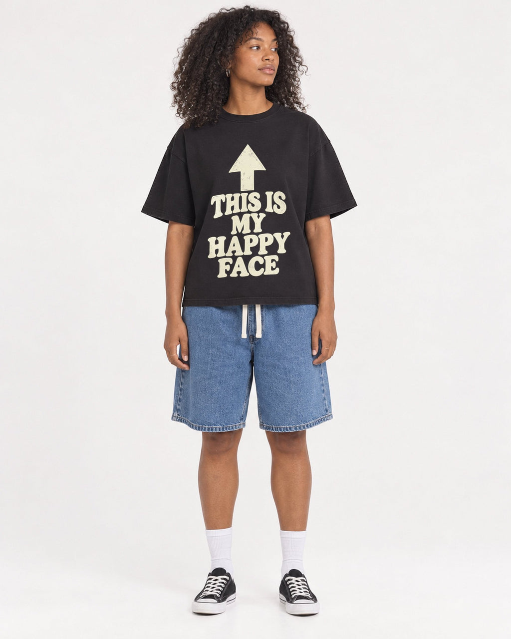 Mockup Boxy Heavyweight Tee Black female full-body 05