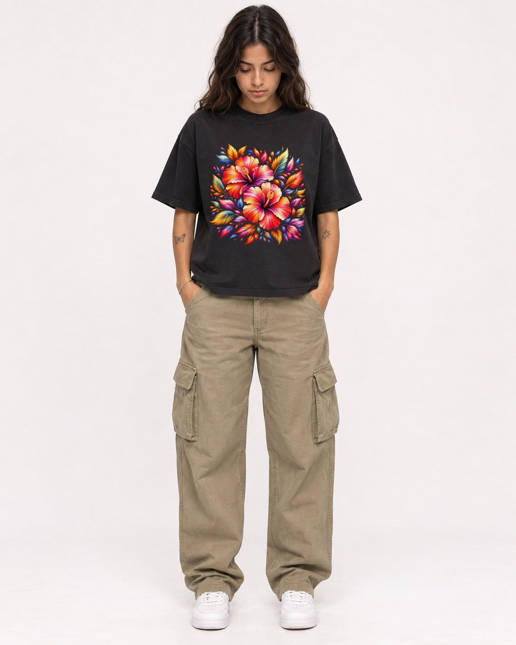 Mockup Boxy Heavyweight Tee Black female full-body 06