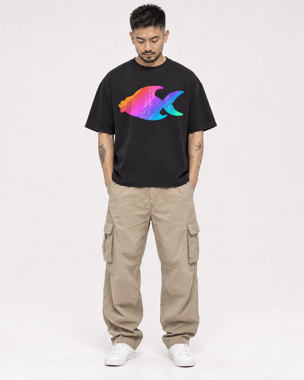 Mockup Boxy Heavyweight Tee Black male full-body 12