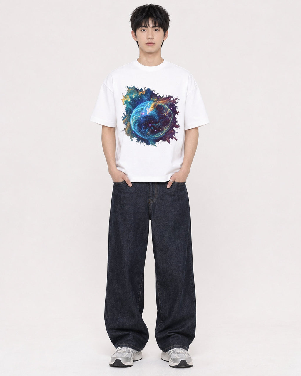 Mockup Boxy Heavyweight Tee White male full-body 01