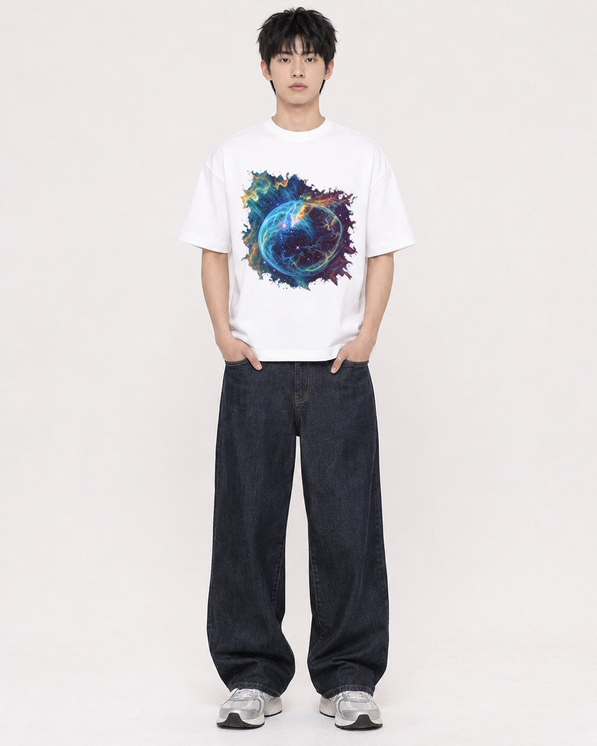 Mockup Boxy Heavyweight Tee White male full-body 01