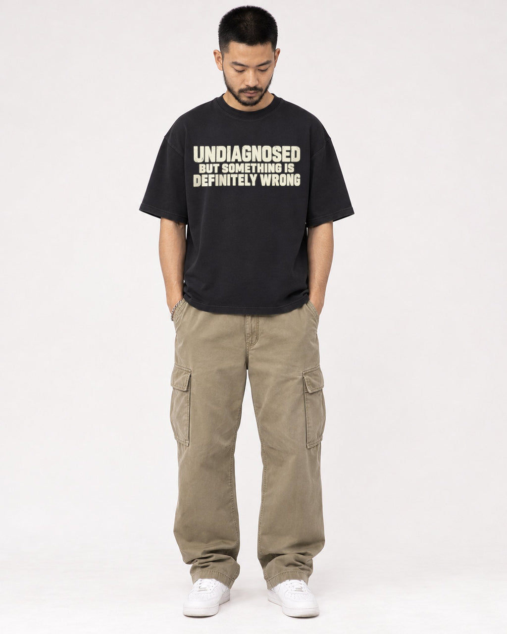 Mockup Boxy Heavyweight Tee Black male full-body 32