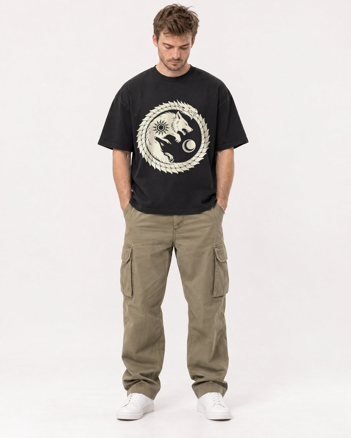Mockup Boxy Heavyweight Tee Black male full-body 08
