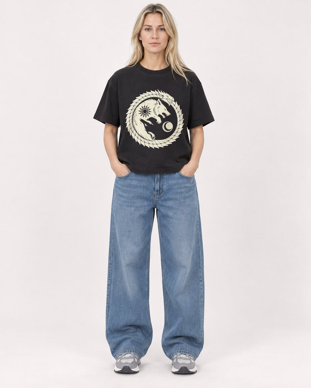 Mockup Boxy Heavyweight Tee Black female full-body 08