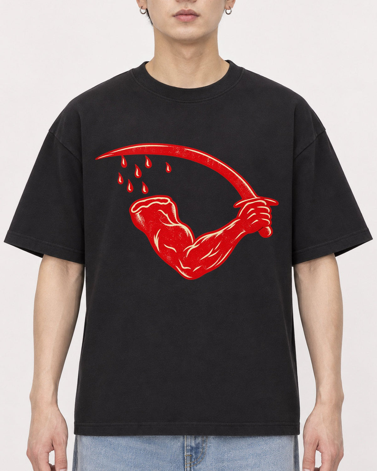 Mockup Boxy Heavyweight Tee Black male close-up 01