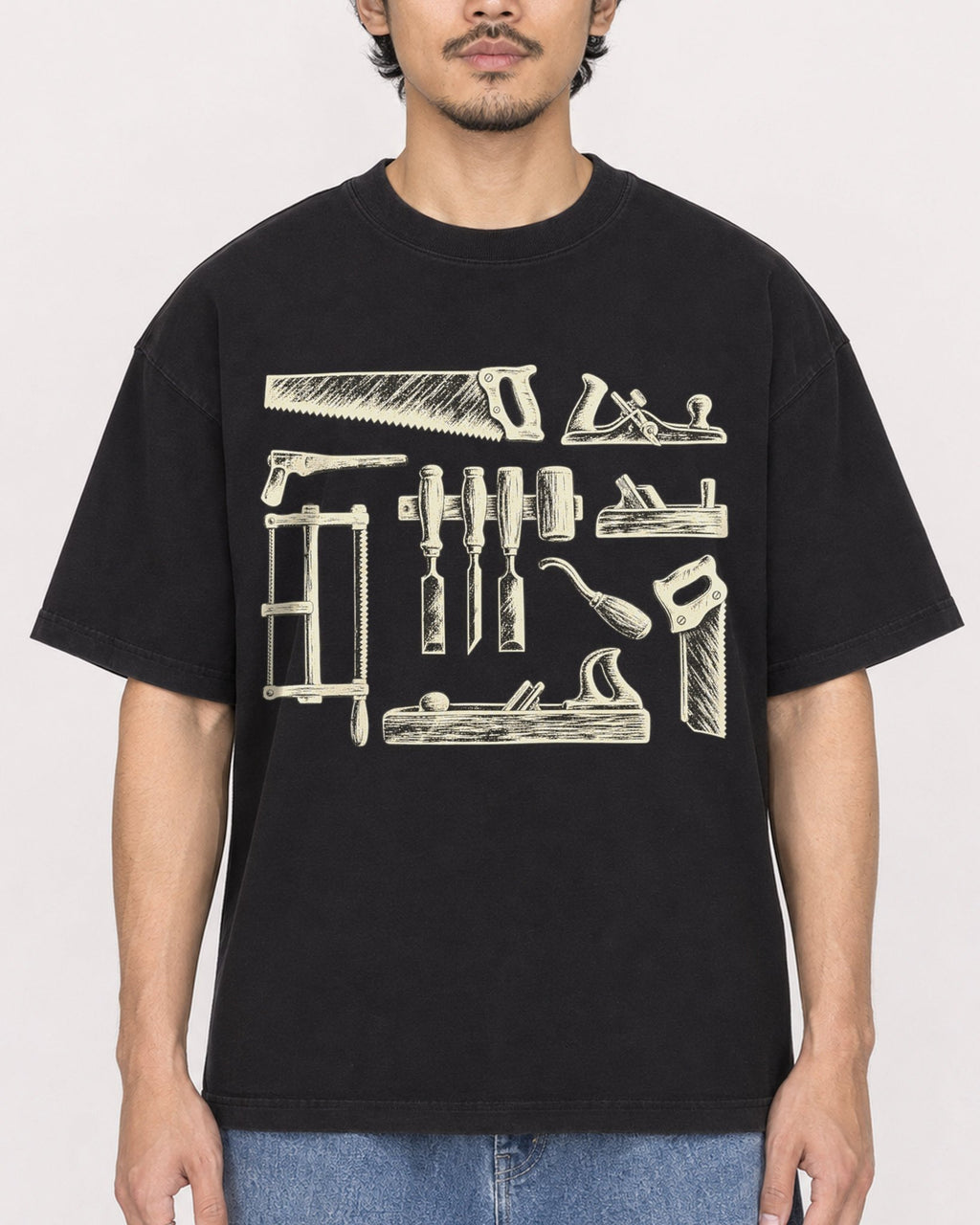 Mockup Boxy Heavyweight Tee Black male close-up 02