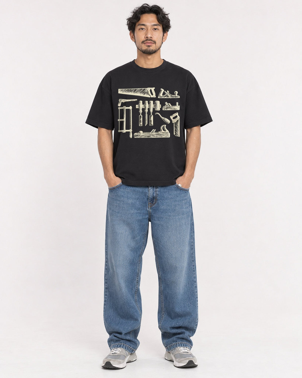 Mockup Boxy Heavyweight Tee Black male full-body 02