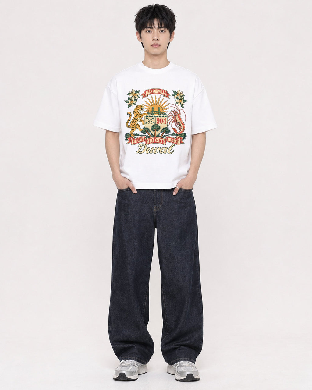 Mockup Boxy Heavyweight Tee White male full-body 01
