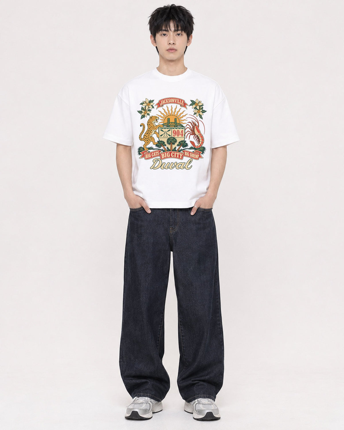 Mockup Boxy Heavyweight Tee White male full-body 01