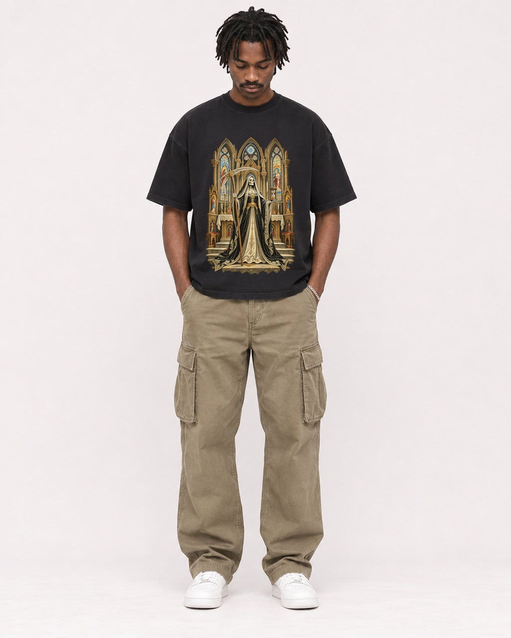 Mockup Boxy Heavyweight Tee Black male full-body 04