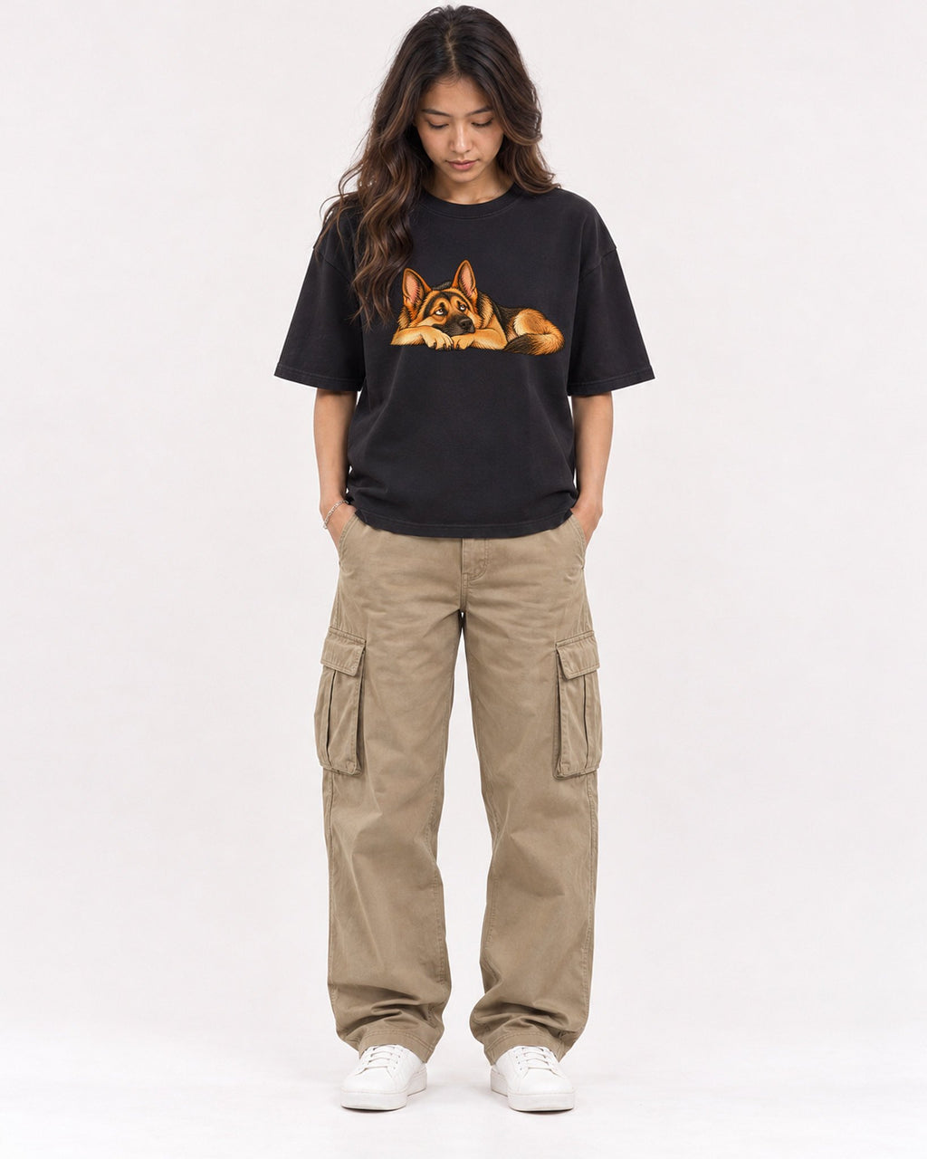 Mockup Boxy Heavyweight Tee Black female full-body 02