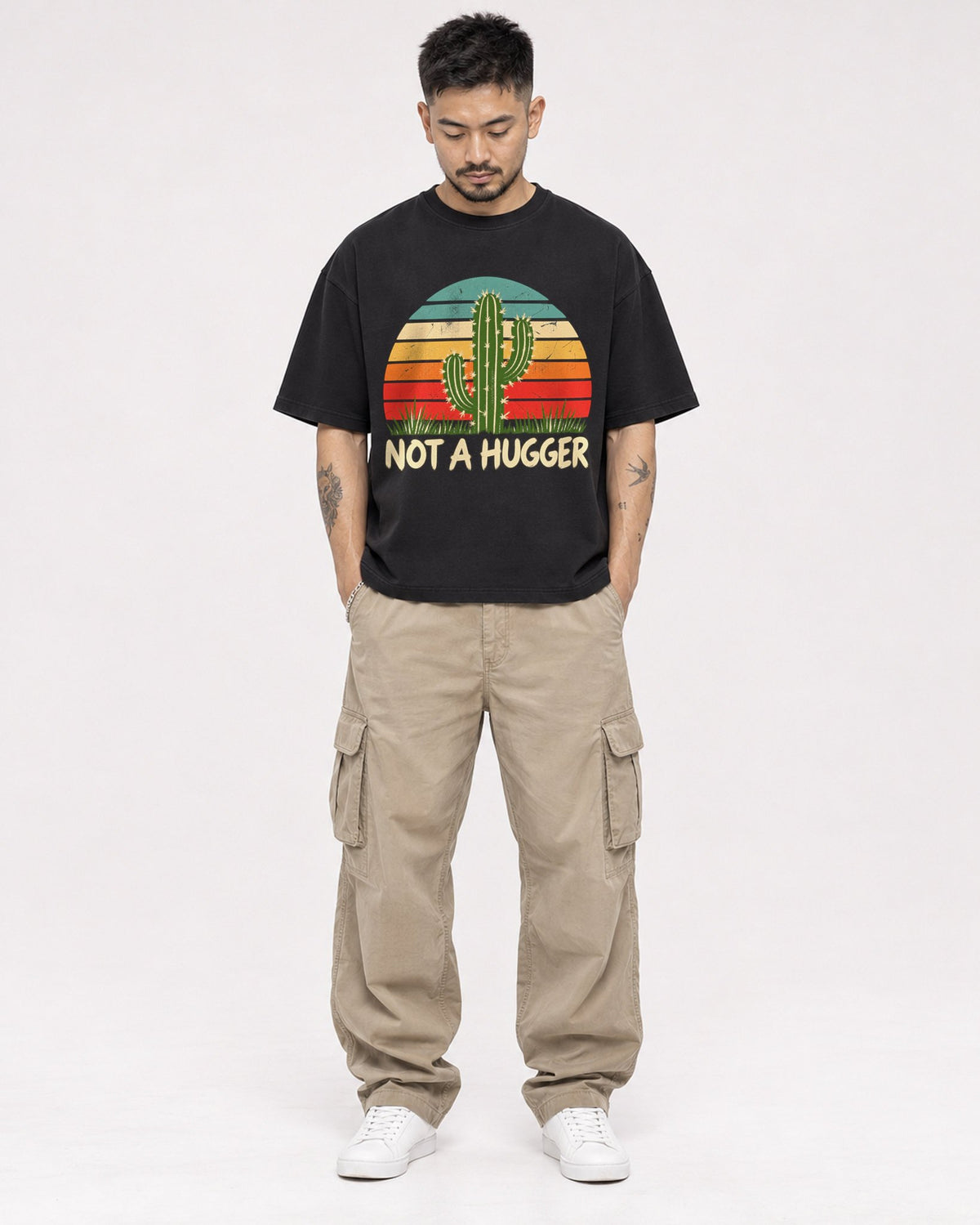 Mockup Boxy Heavyweight Tee Black male full-body 12