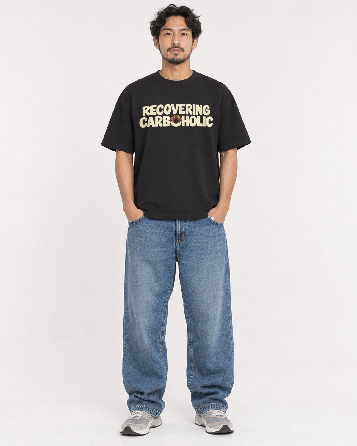 Mockup Boxy Heavyweight Tee Black male full-body 02