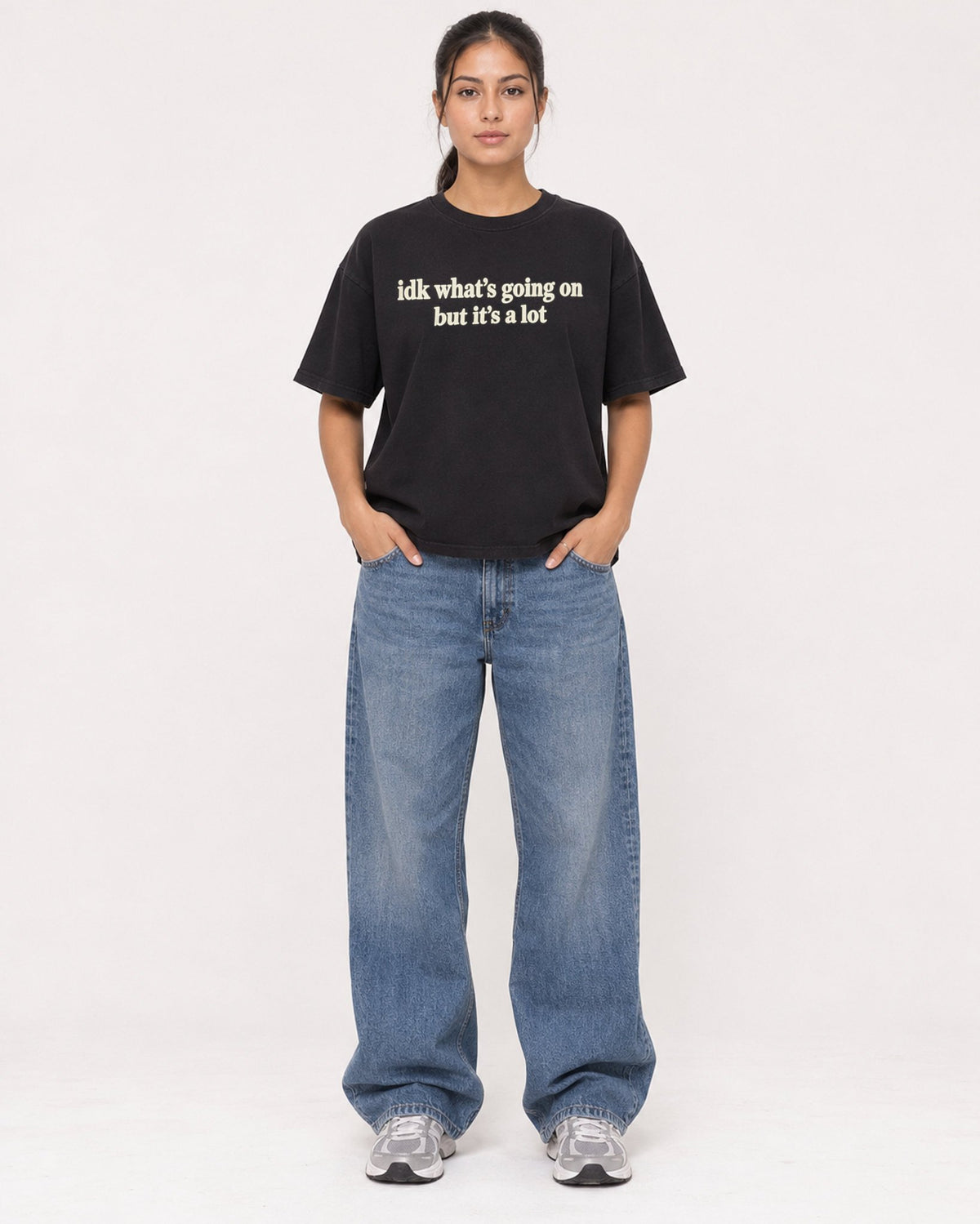Mockup Boxy Heavyweight Tee Black female full-body 16