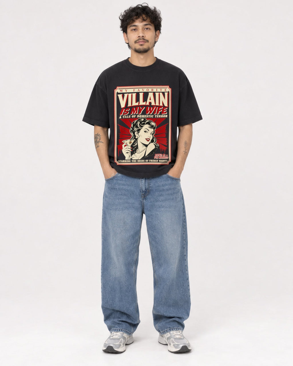 Mockup Boxy Heavyweight Tee Black male full-body 42