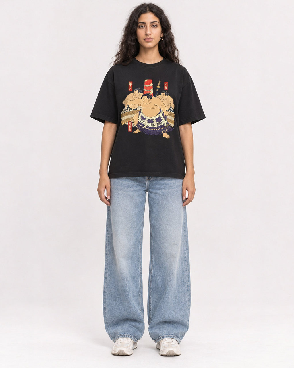Mockup Boxy Heavyweight Tee Black female full-body 07