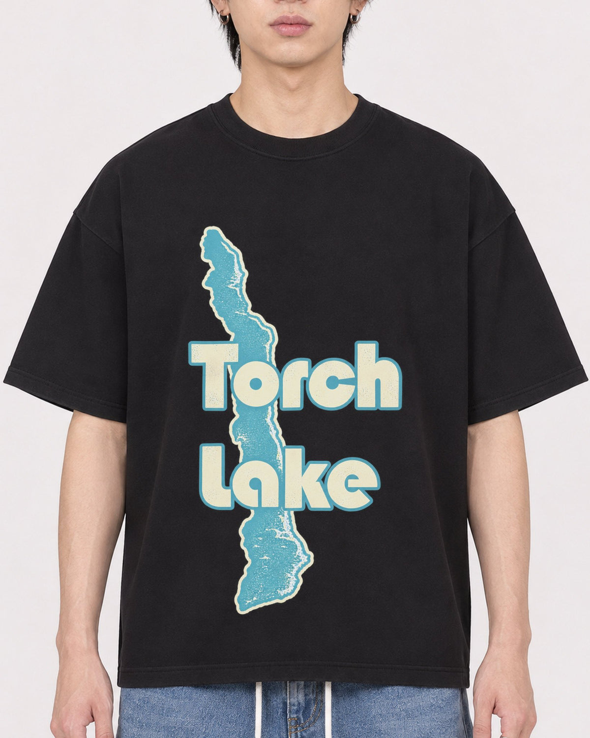 Mockup Boxy Heavyweight Tee Black male close-up 11