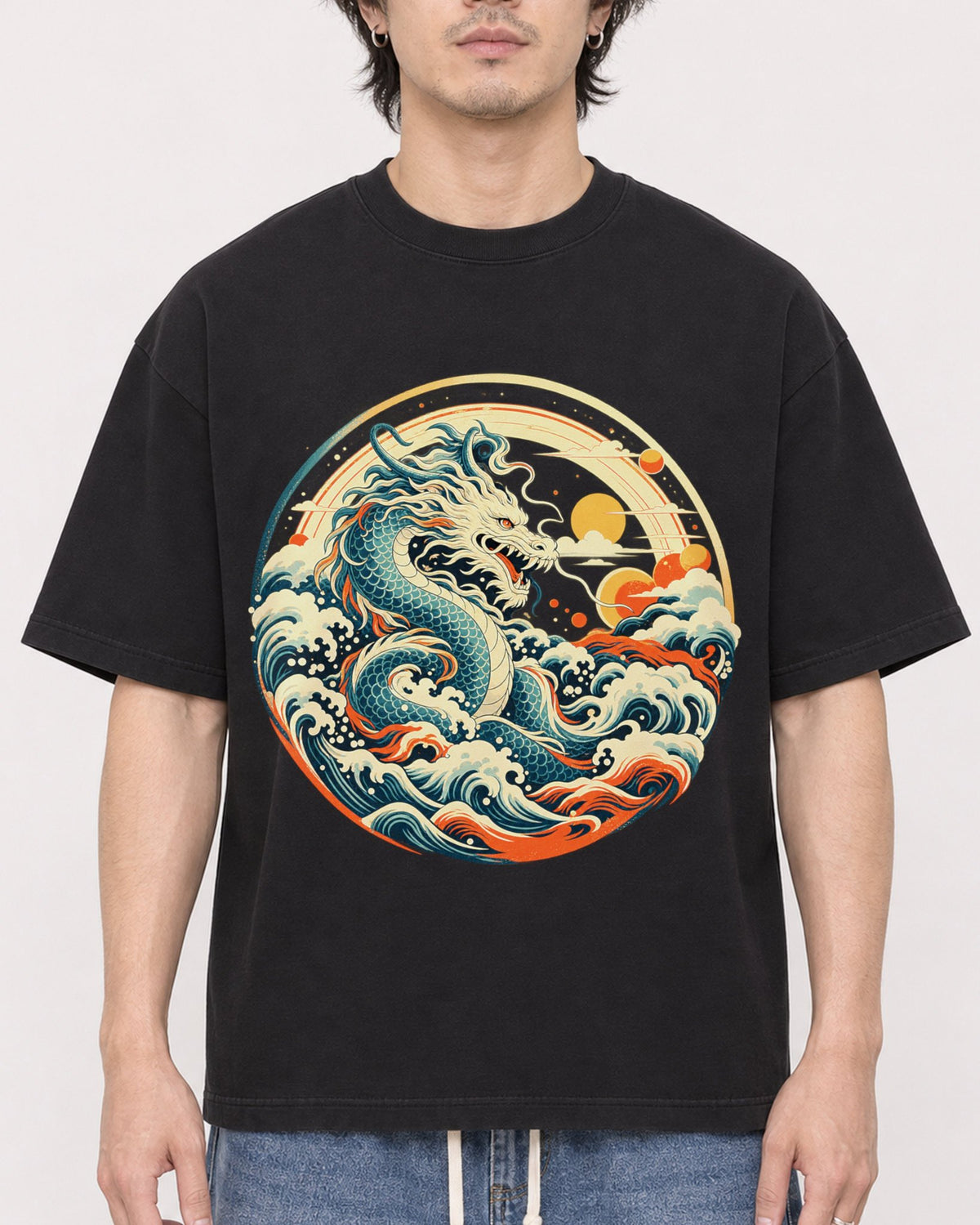 Mockup Boxy Heavyweight Tee Black male close-up 03