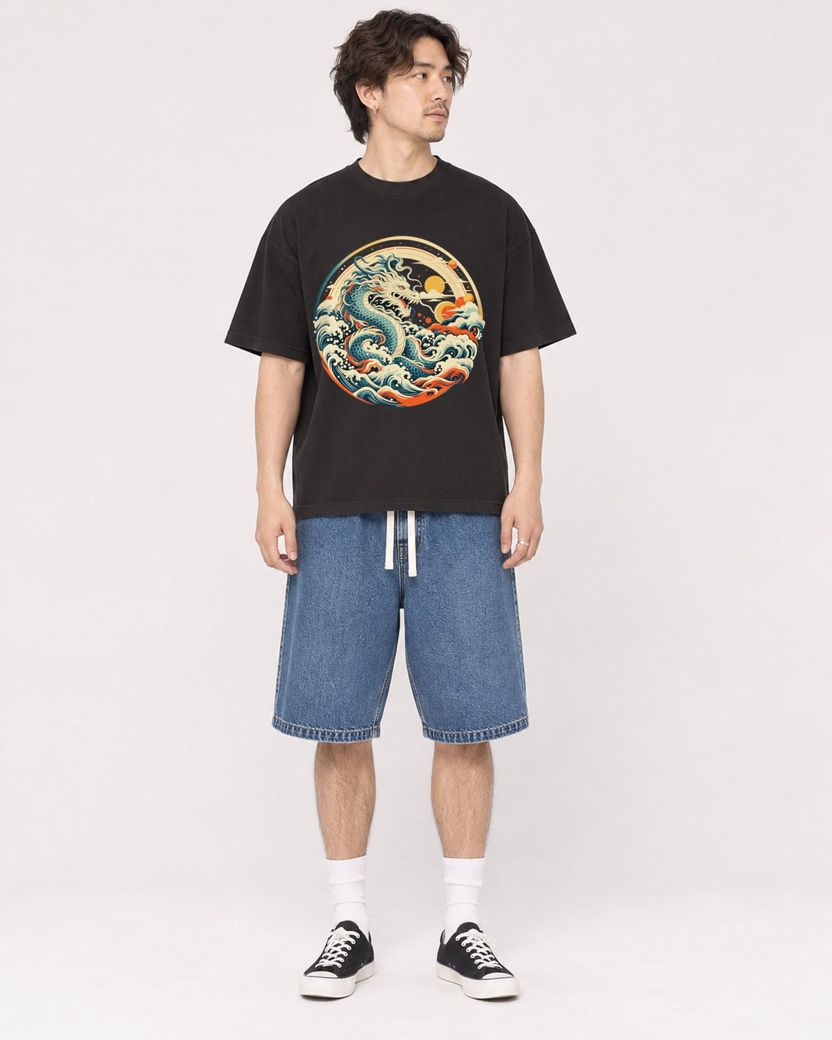 Mockup Boxy Heavyweight Tee Black male full-body 03