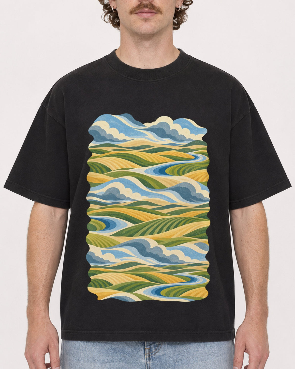 Mockup Boxy Heavyweight Tee Black male close-up 09