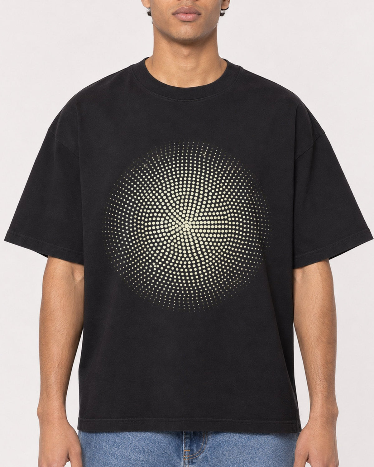 Mockup Boxy Heavyweight Tee Black male close-up 10