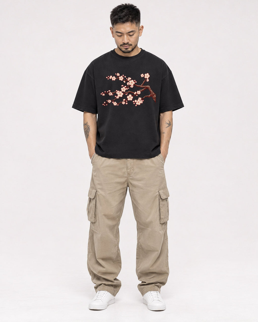 Mockup Boxy Heavyweight Tee Black male full-body 12