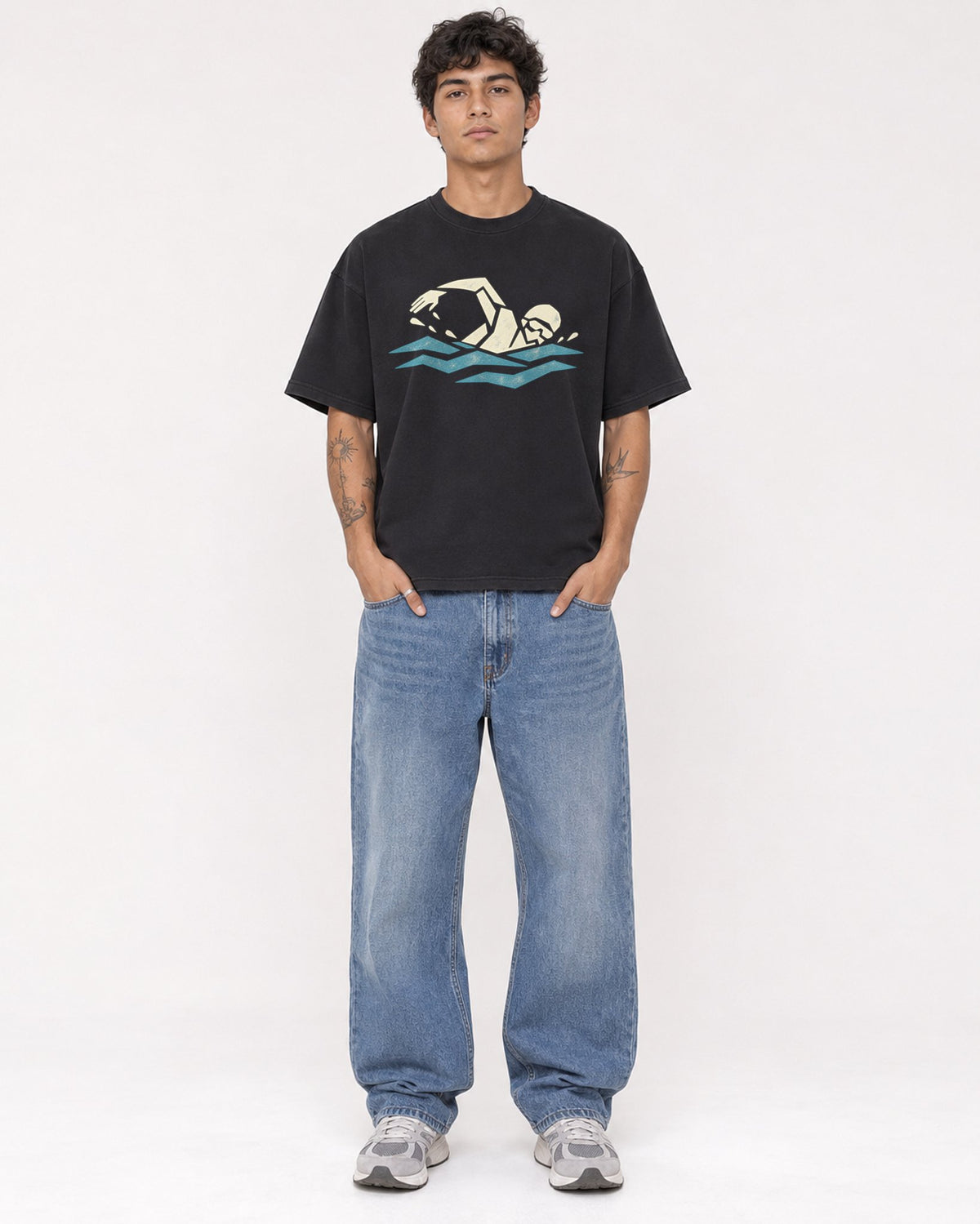 Mockup Boxy Heavyweight Tee Black male full-body 06